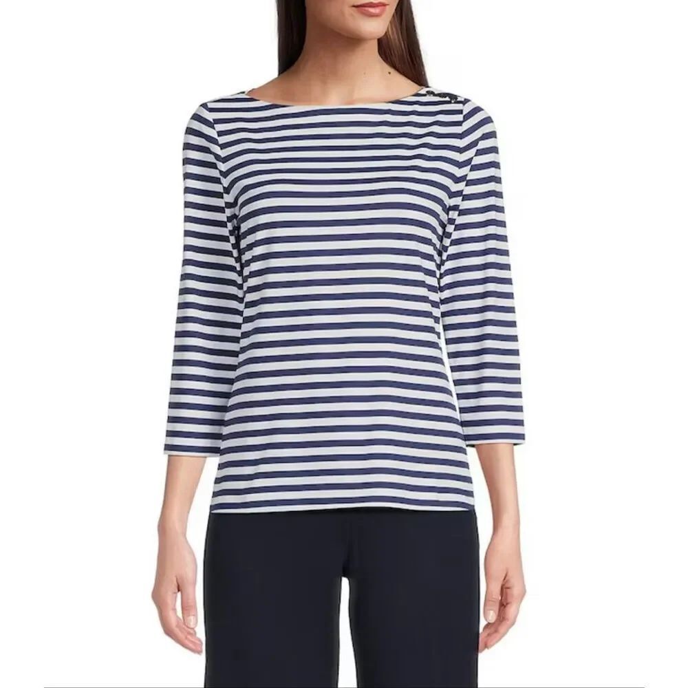 J.McLaughlin Wavesong Striped 3/4 Sleeve Button Shoulder Tee Shirt Navy Size M